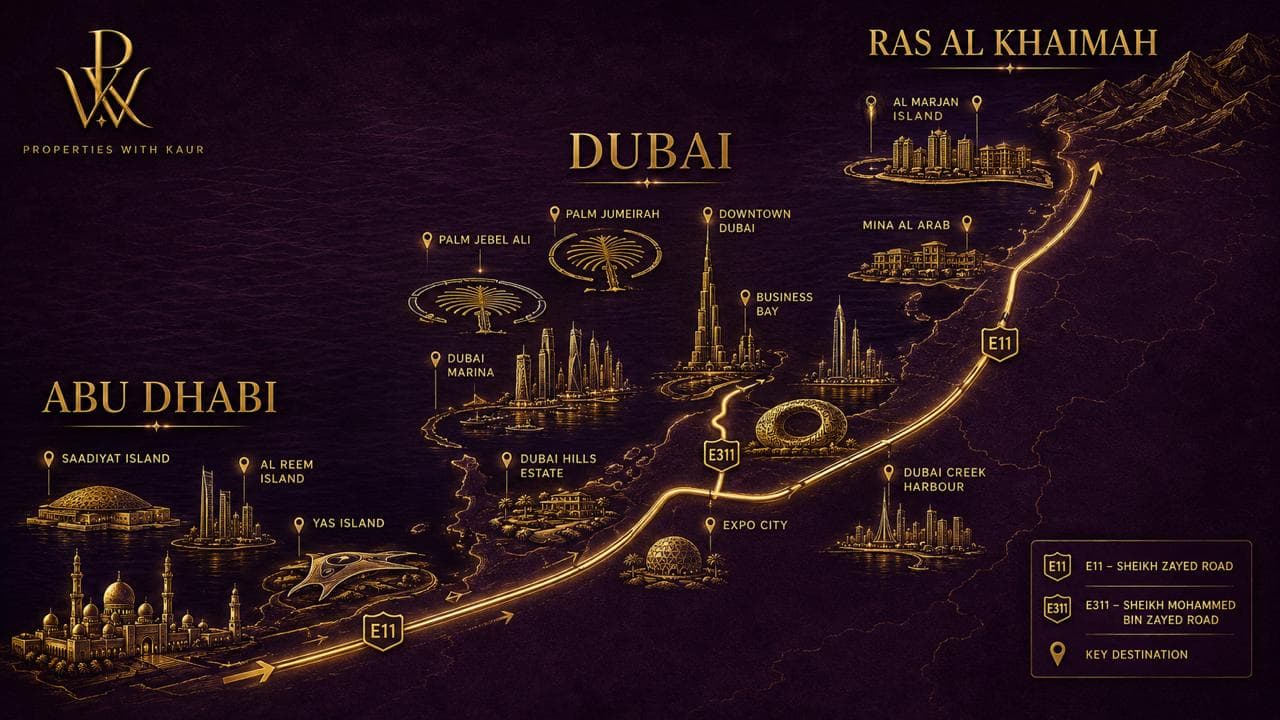 Illustrated map of key Properties with Kaur destinations across Abu Dhabi, Dubai and Ras Al Khaimah